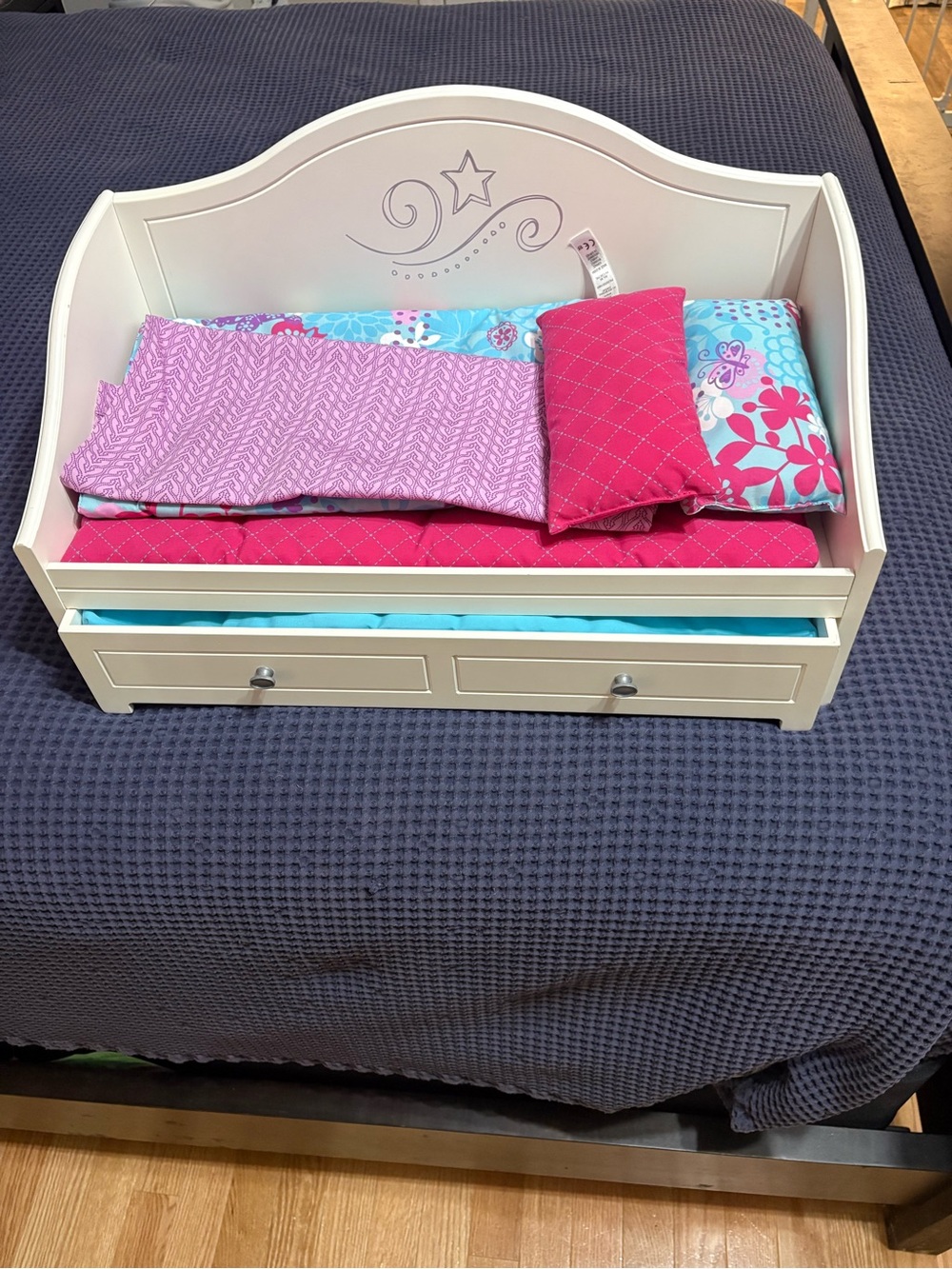 American Girl White Doll Daybed and Trundle with Pink and Blue Bedding